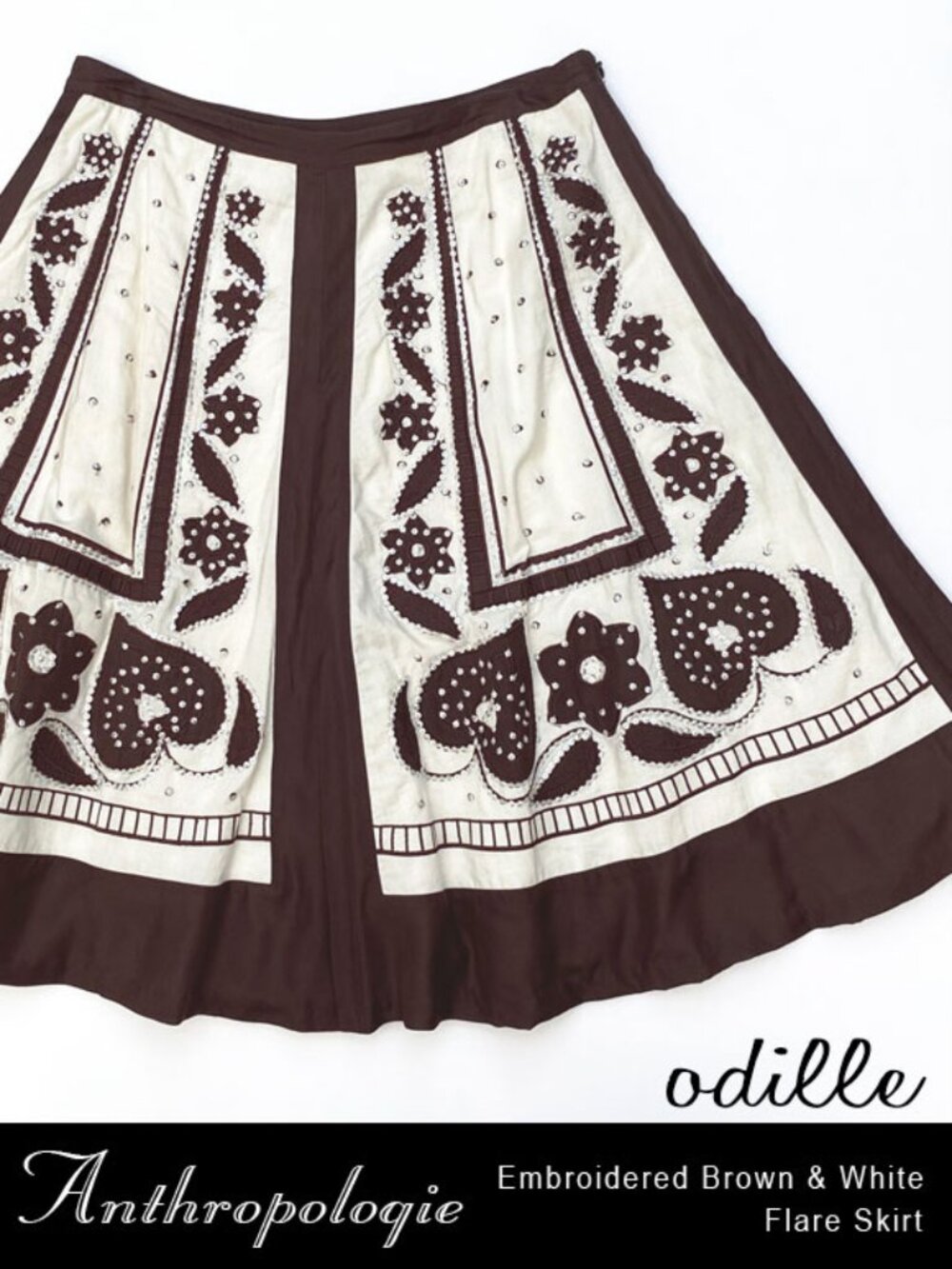 Anthropologie Odille Brown & White Embroidered Flare Skirt Size 6